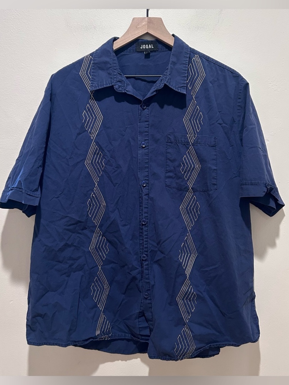Jogal Short Sleeve Cuban Guayabera Navy Blue w/ Gold Accents Beach Shirt - Large